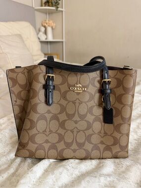 Coach Brown Signature Canvas Tote with Black Leather Handles